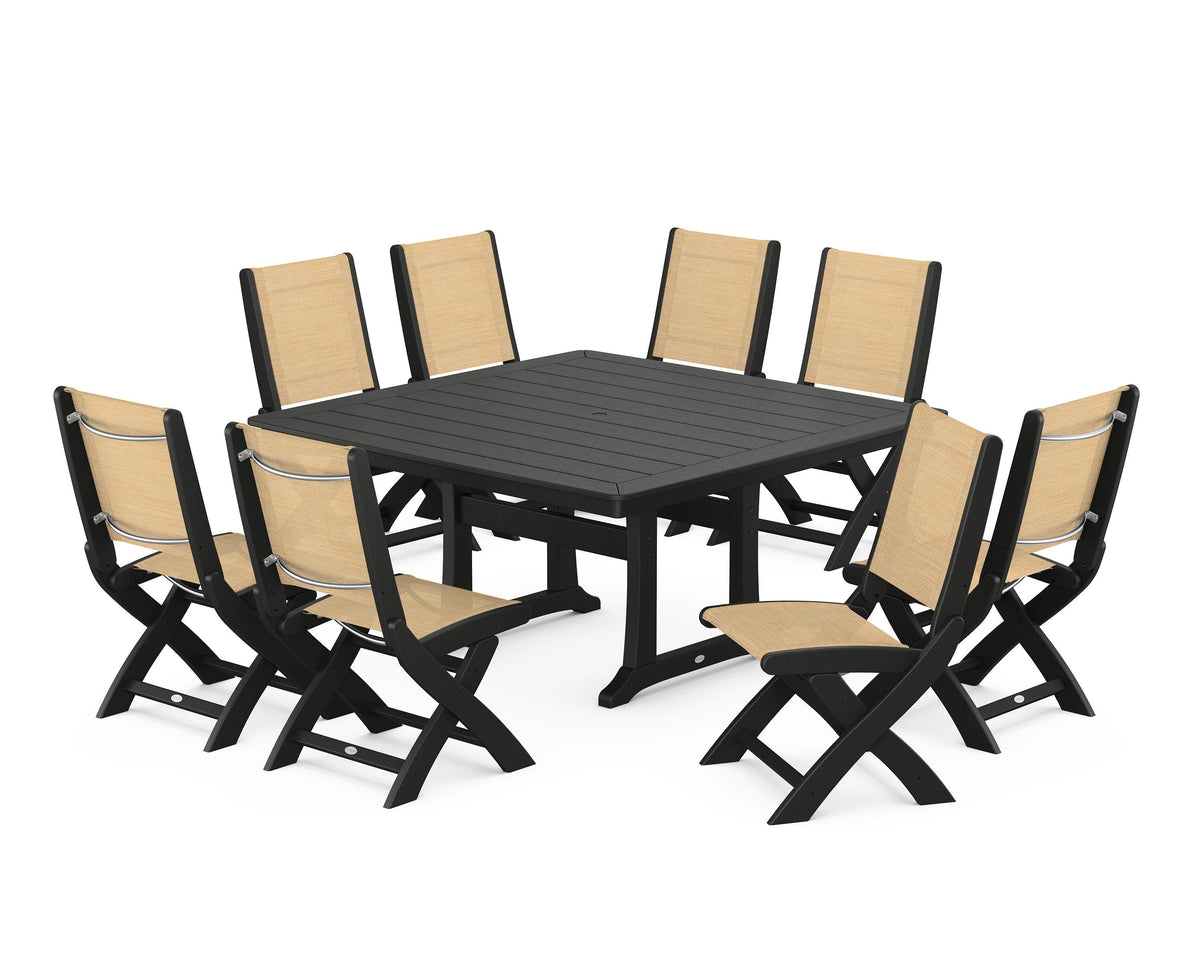 POLYWOOD Coastal Folding Side Chair 9-Piece Dining Set with Trestle Legs in Black / Dupioni Apricot