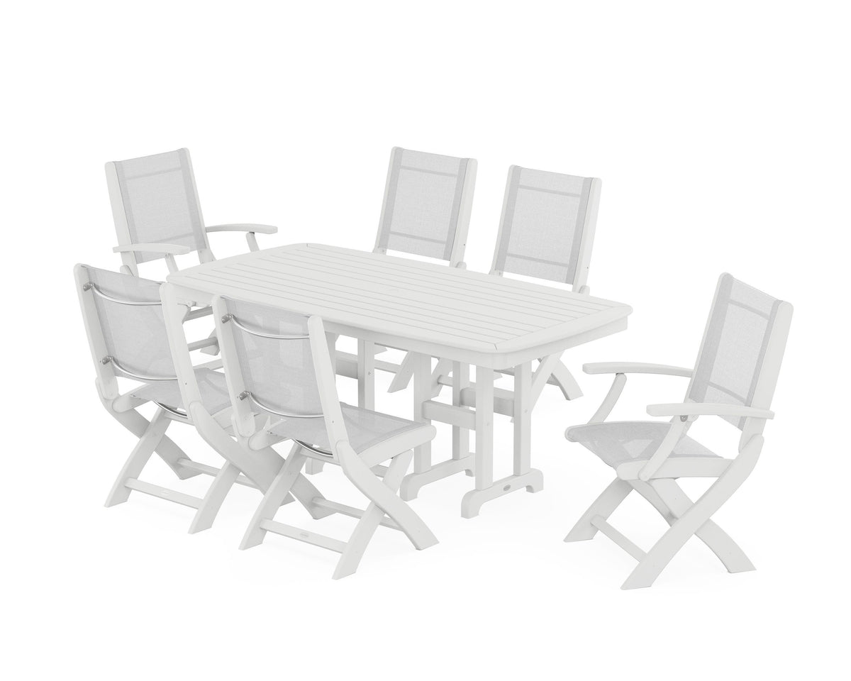 POLYWOOD Coastal Folding Chair 7-Piece Dining Set in White / White