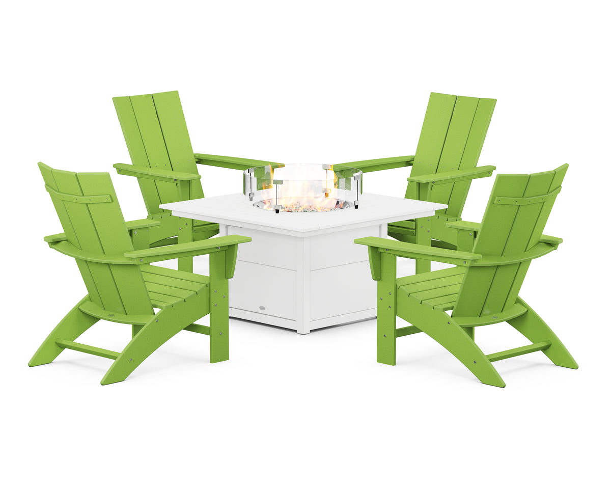 POLYWOOD Modern Curveback Adirondack 5-Piece Conversation Set with Fire Pit Table in Lime / White