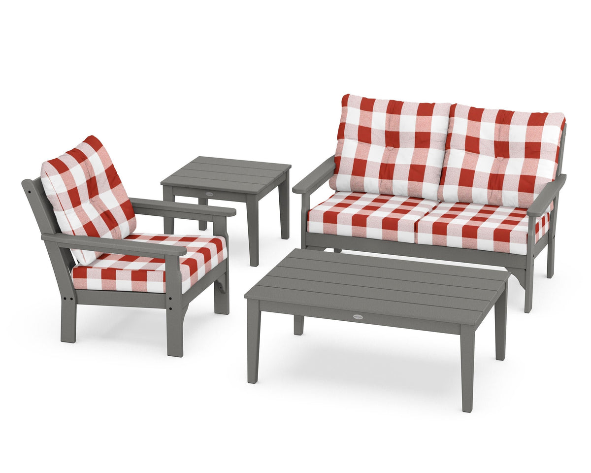 POLYWOOD Vineyard 4-Piece Deep Seating Set in Slate Grey / Buffalo Plaid Crimson