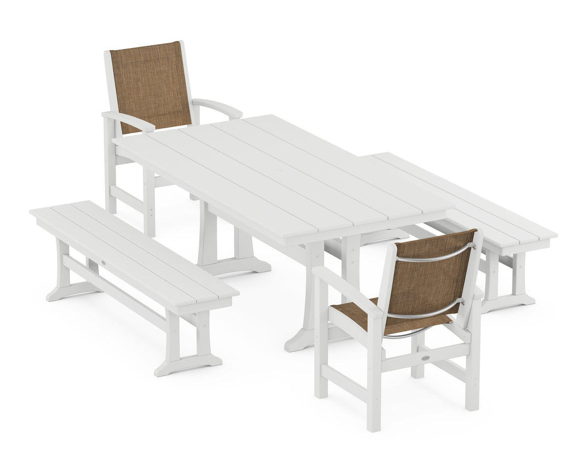 POLYWOOD Coastal 5-Piece Farmhouse Dining Set with Trestle Legs and Benches in White / Burlap