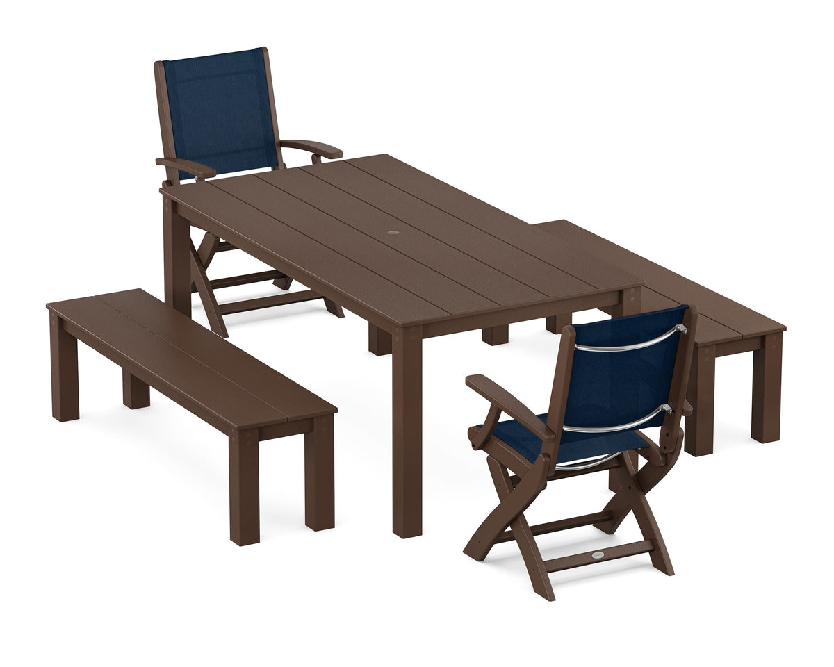POLYWOOD Coastal Folding Chair 5-Piece Parsons Dining Set with Benches in Mahogany / Navy Blue