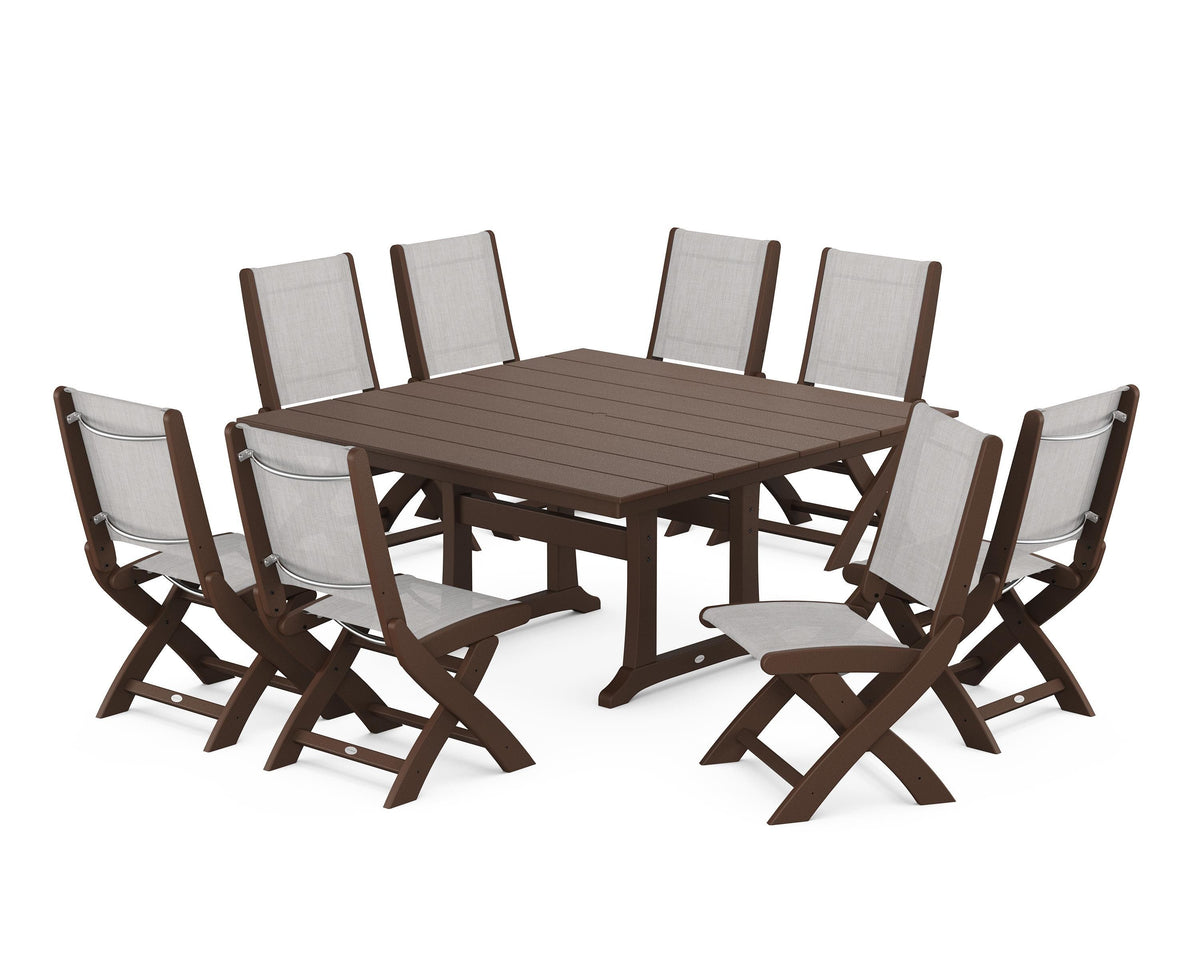 POLYWOOD Coastal Folding Side Chair 9-Piece Farmhouse Dining Set in Mahogany / Parchment