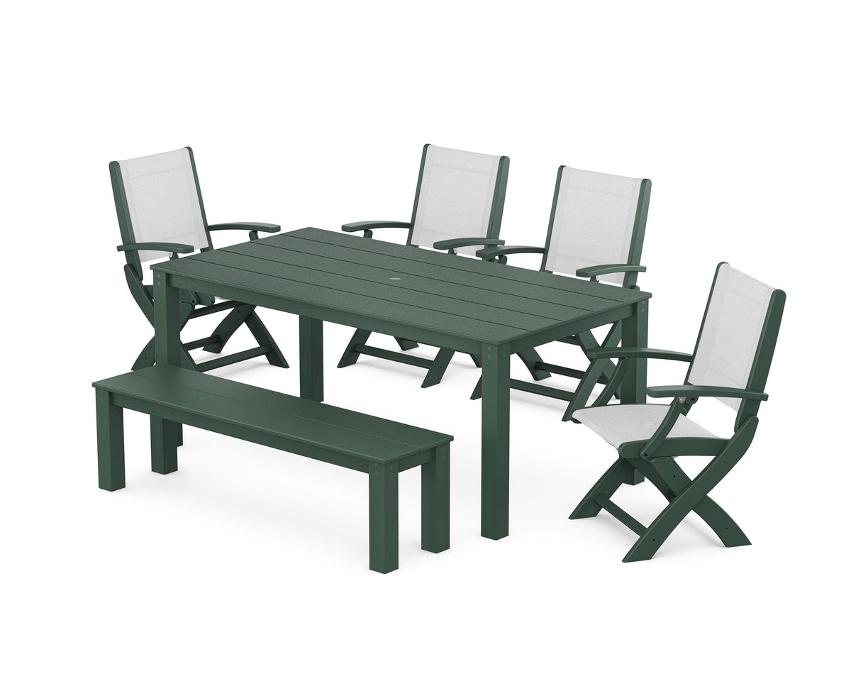 POLYWOOD Coastal Folding Chair 6-Piece Parsons Dining Set with Bench in Green / White