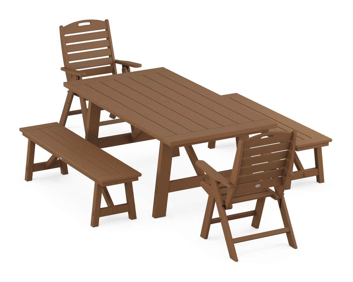 POLYWOOD Nautical Folding Highback Chair 5-Piece Rustic Farmhouse Dining Set with Benches in Teak