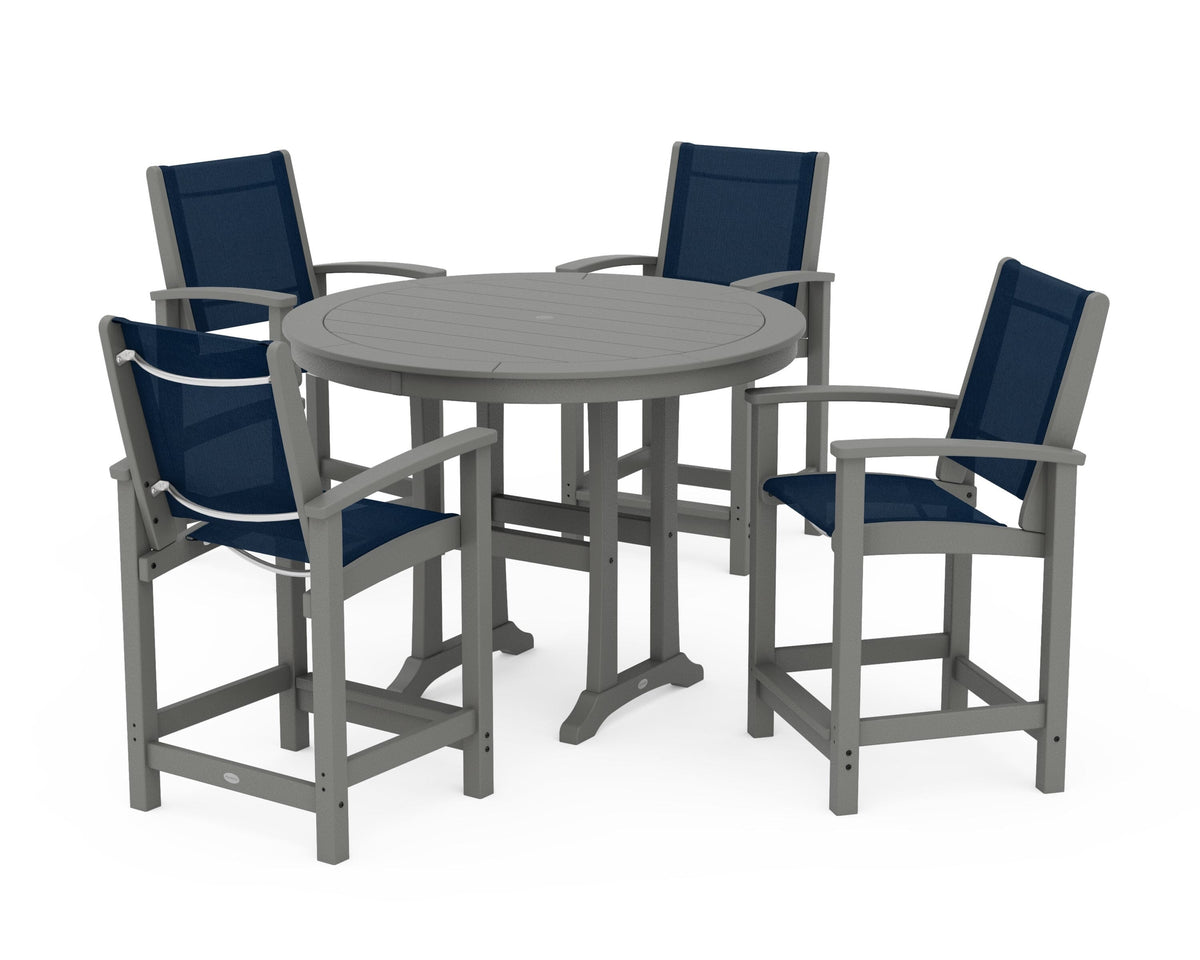 POLYWOOD Coastal 5-Piece Counter Set in Slate Grey / Navy Blue