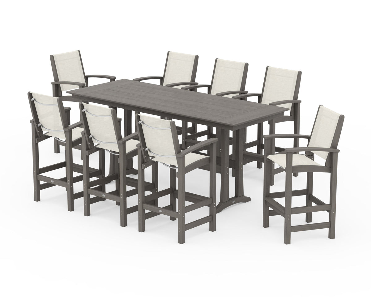 POLYWOOD Coastal 9-Piece Farmhouse Bar Set with Trestle Legs in Driftwood / Parchment