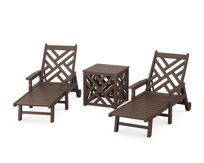 POLYWOOD Chippendale 3-Piece Chaise Set with Umbrella Stand Accent Table in Mahogany
