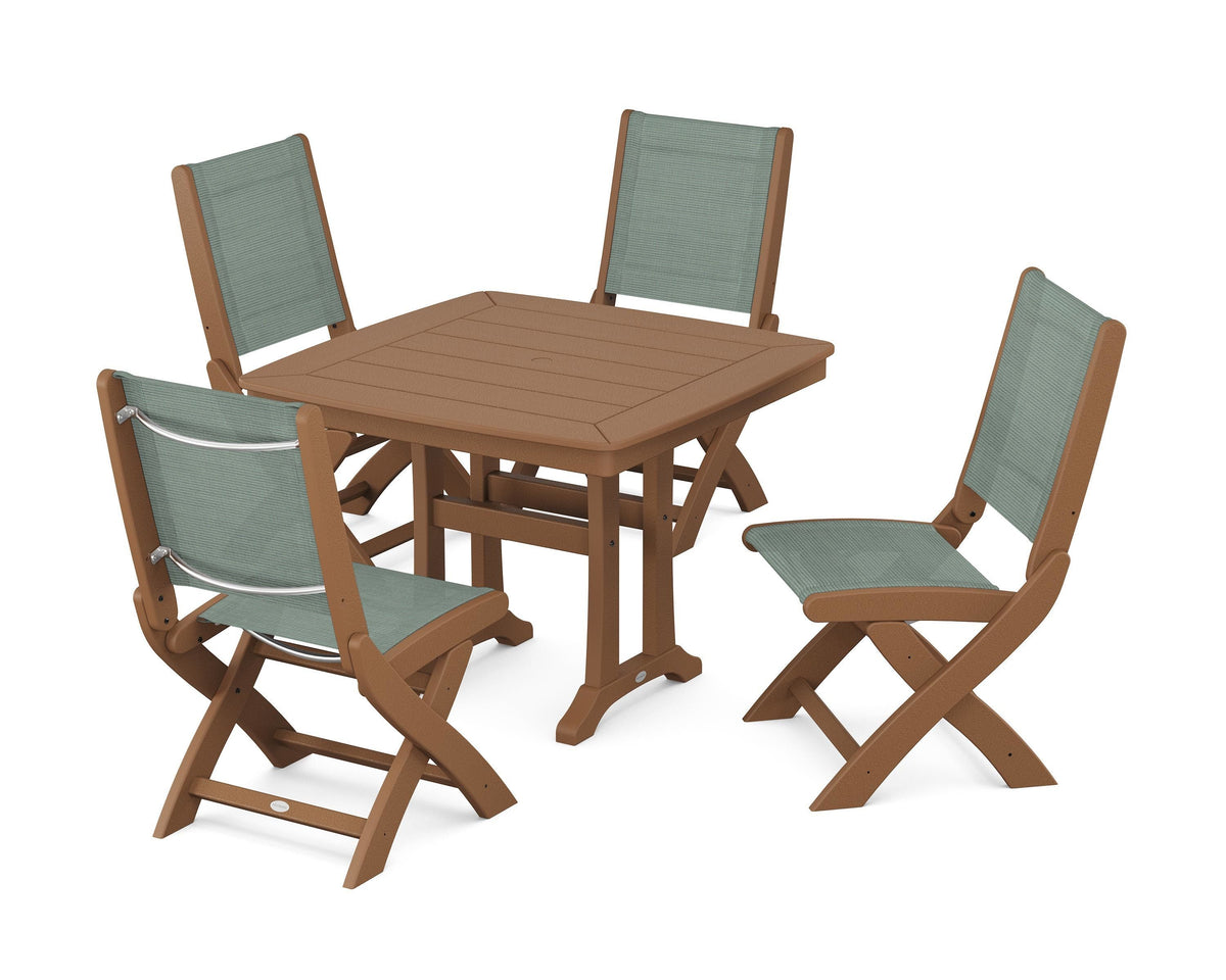 POLYWOOD Coastal Folding Side Chair 5-Piece Dining Set with Trestle Legs in Teak / Dupioni Sea Mist