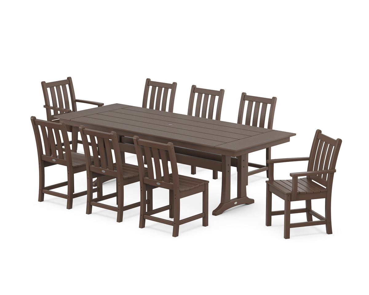 POLYWOOD Traditional Garden 9-Piece Farmhouse Dining Set with Trestle Legs in Mahogany