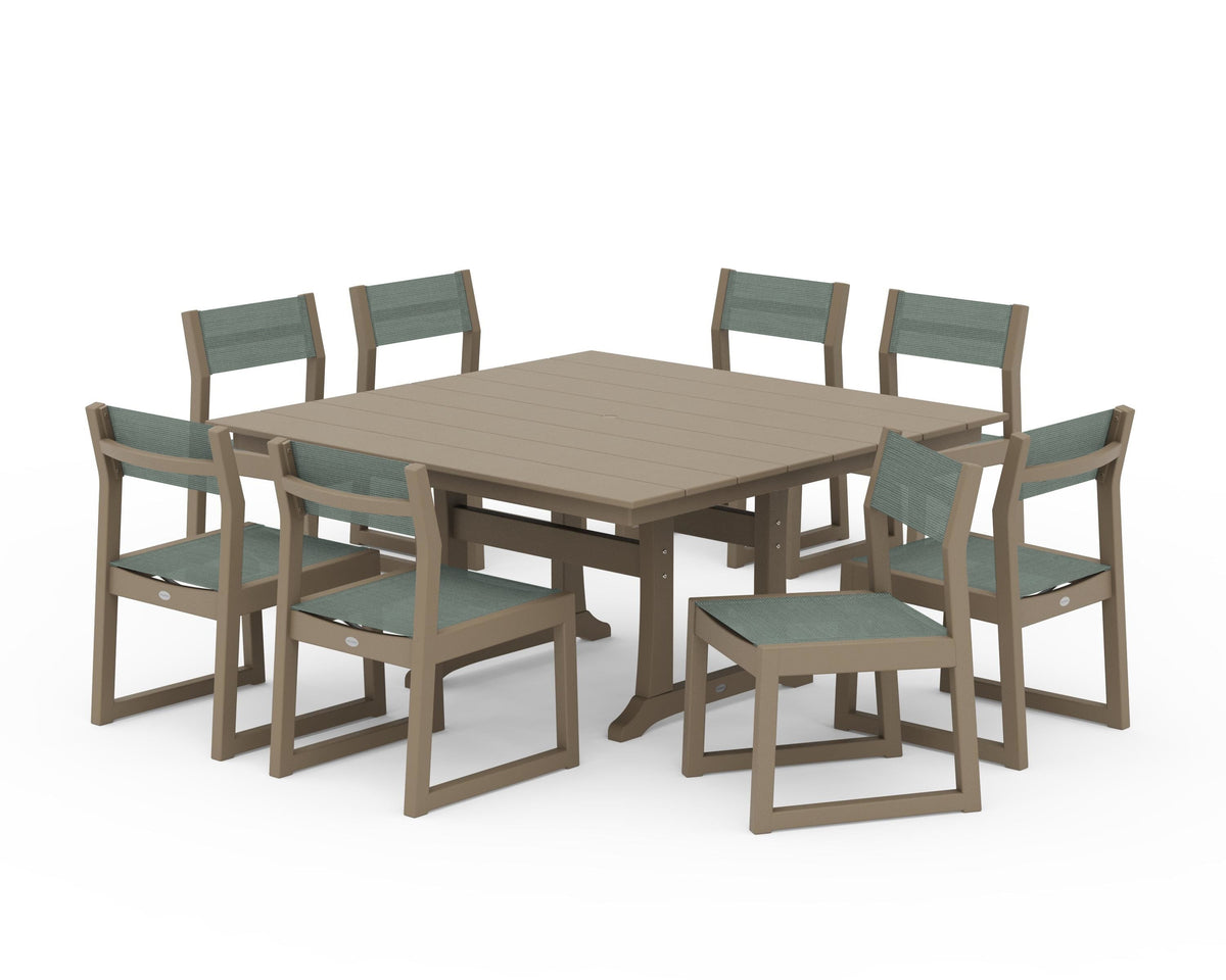 POLYWOOD EDGE Sling Side Chair 9-Piece Farmhouse Trestle Dining Set in Vintage Sahara / Dupioni Sea Mist