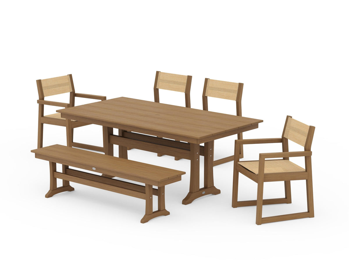 POLYWOOD EDGE Sling 6-Piece Farmhouse Dining Set With Trestle Legs in Natural / Dupioni Apricot