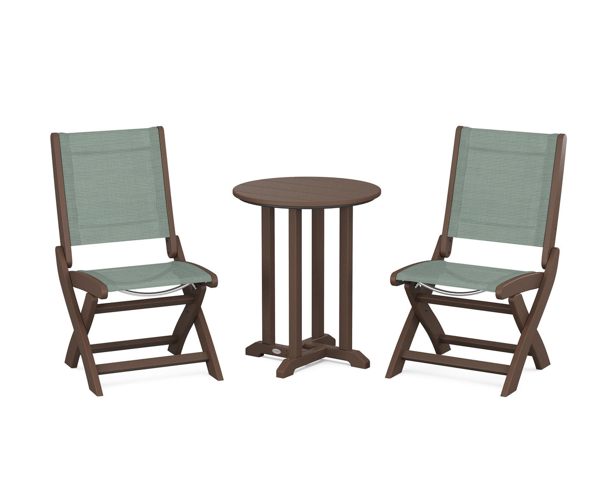 POLYWOOD Coastal Folding Side Chair 3-Piece Round Bistro Dining Set in Mahogany / Dupioni Sea Mist