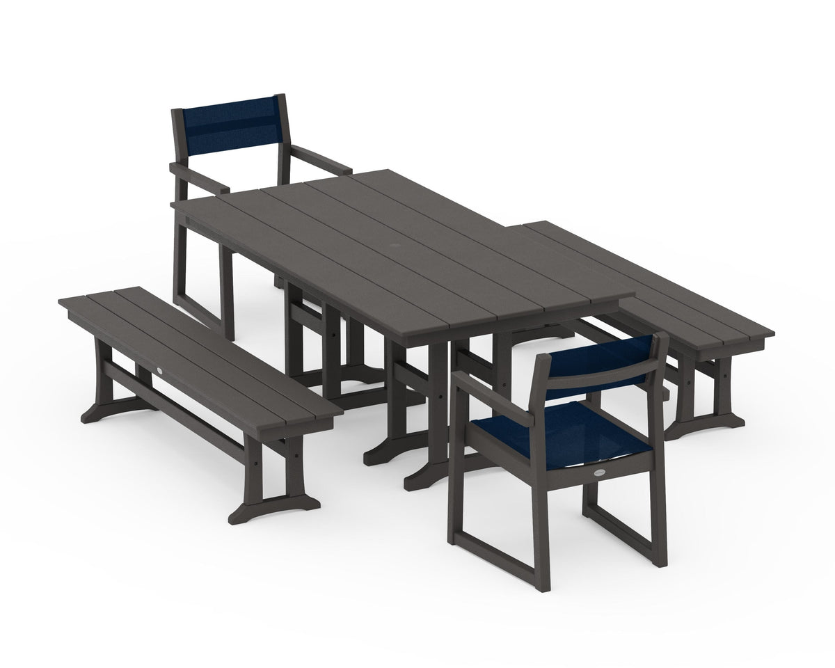 POLYWOOD EDGE Sling Arm Chair 5-Piece Farmhouse Dining Set with Benches in Vintage Coffee / Navy Blue