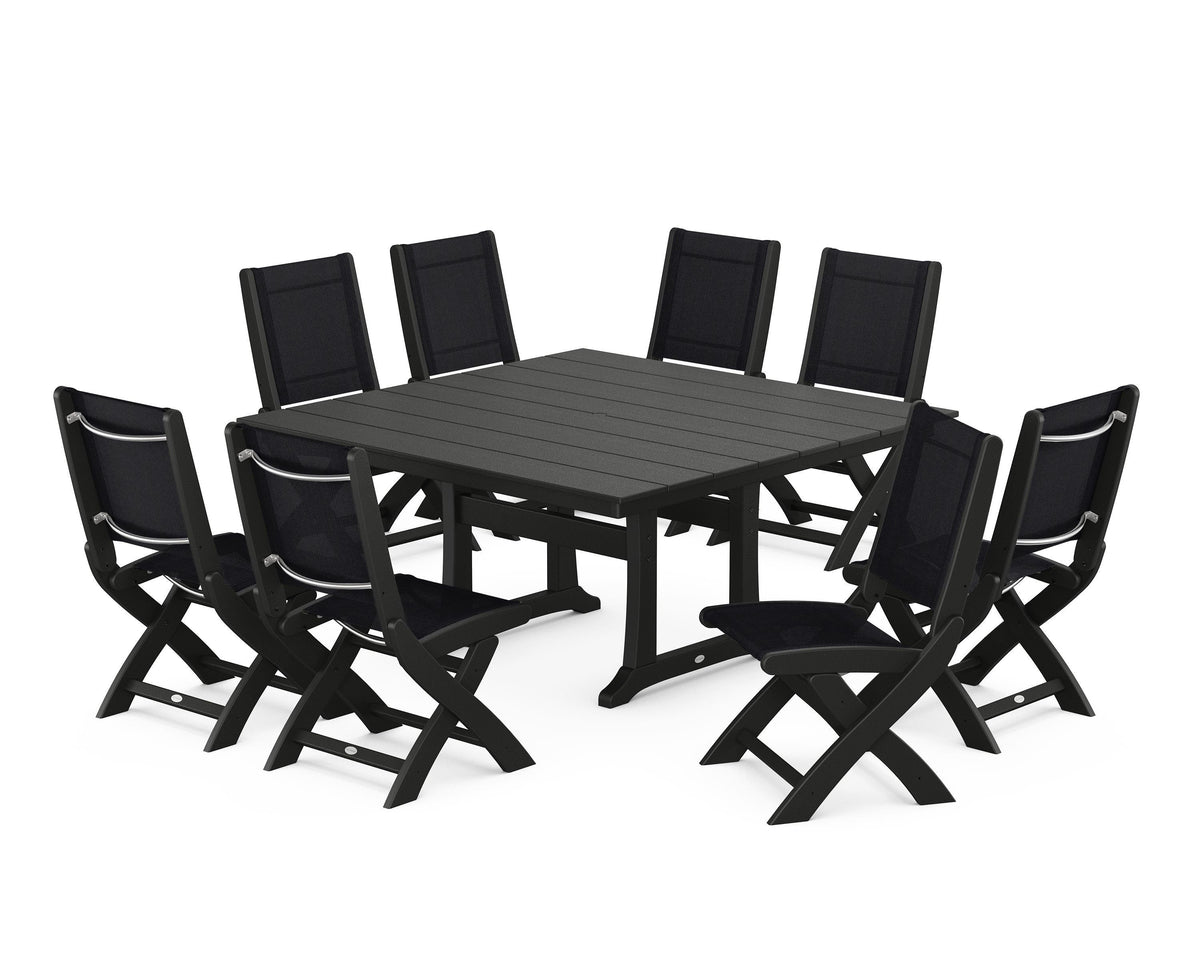 POLYWOOD Coastal Folding Side Chair 9-Piece Farmhouse Dining Set in Black / Black
