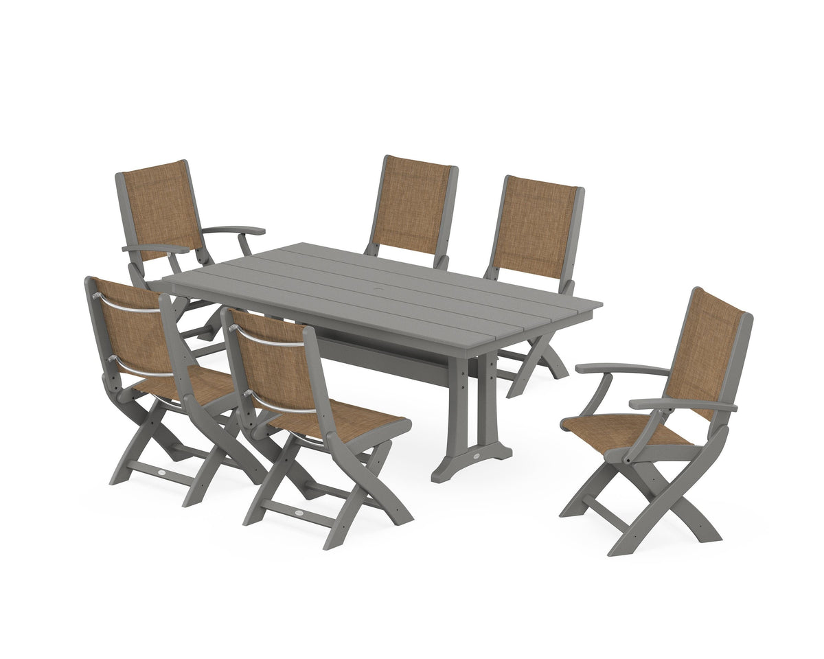 POLYWOOD Coastal Folding Chair 7-Piece Farmhouse Dining Set with Trestle Legs in Slate Grey / Burlap