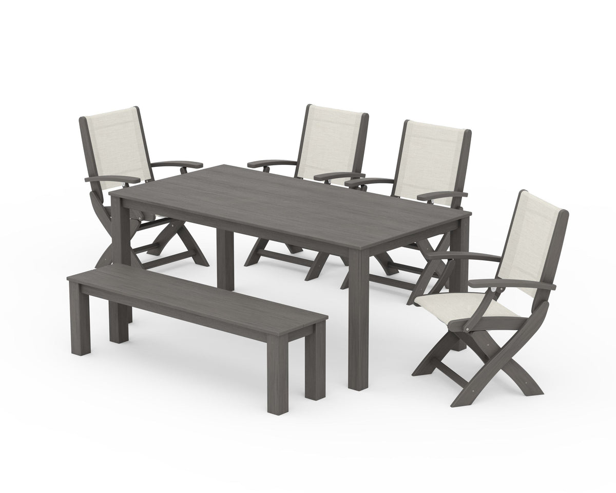POLYWOOD Coastal Folding Chair 6-Piece Parsons Dining Set with Bench in Driftwood / Parchment