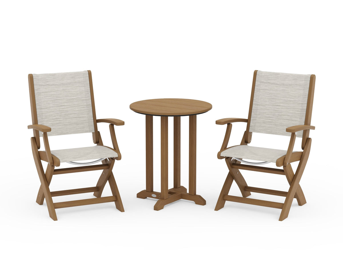 POLYWOOD Coastal Folding 3-Piece Round Bistro Dining Set in Natural / Birch