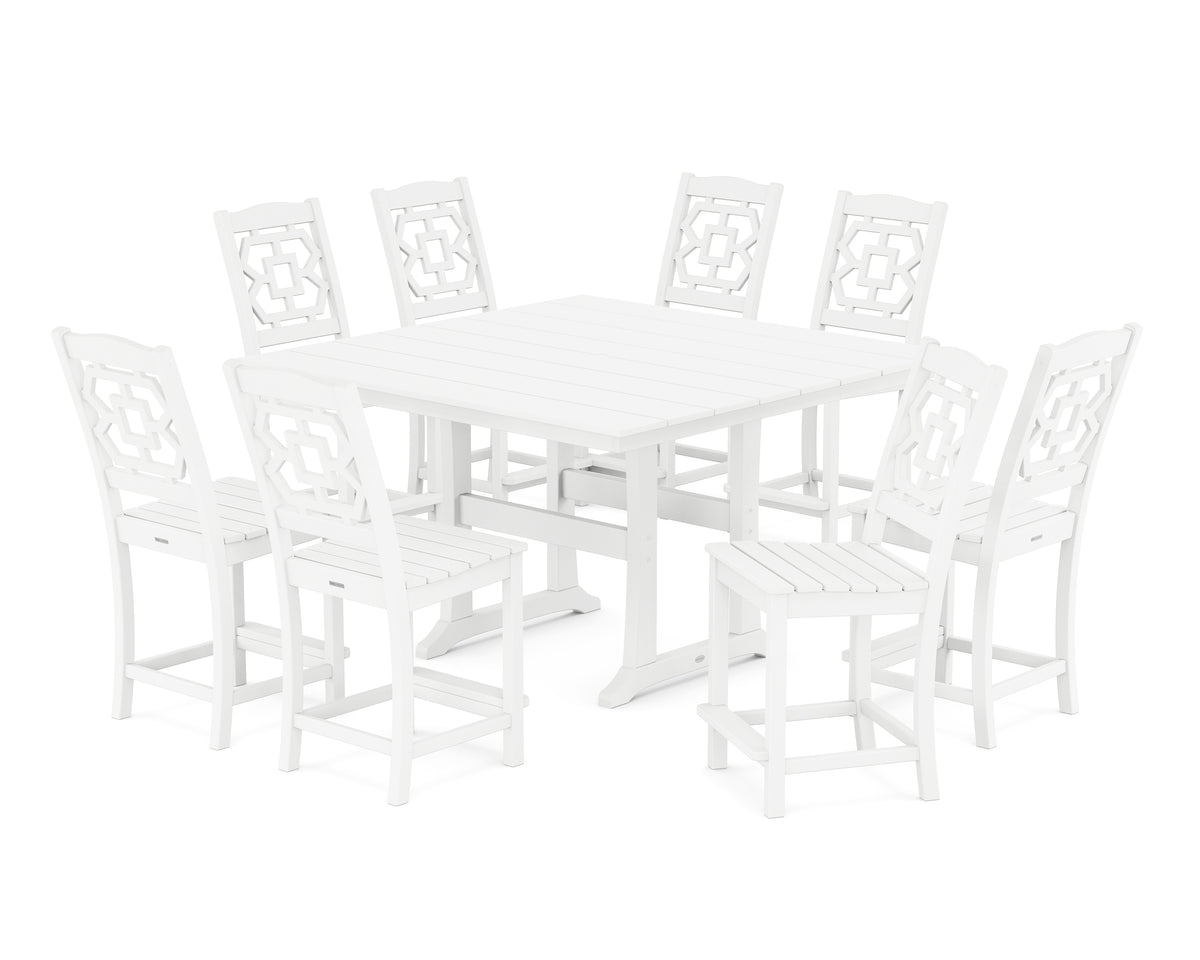 POLYWOOD Chinoiserie 9-Piece Square Farmhouse Side Chair Counter Set with Trestle Legs in White