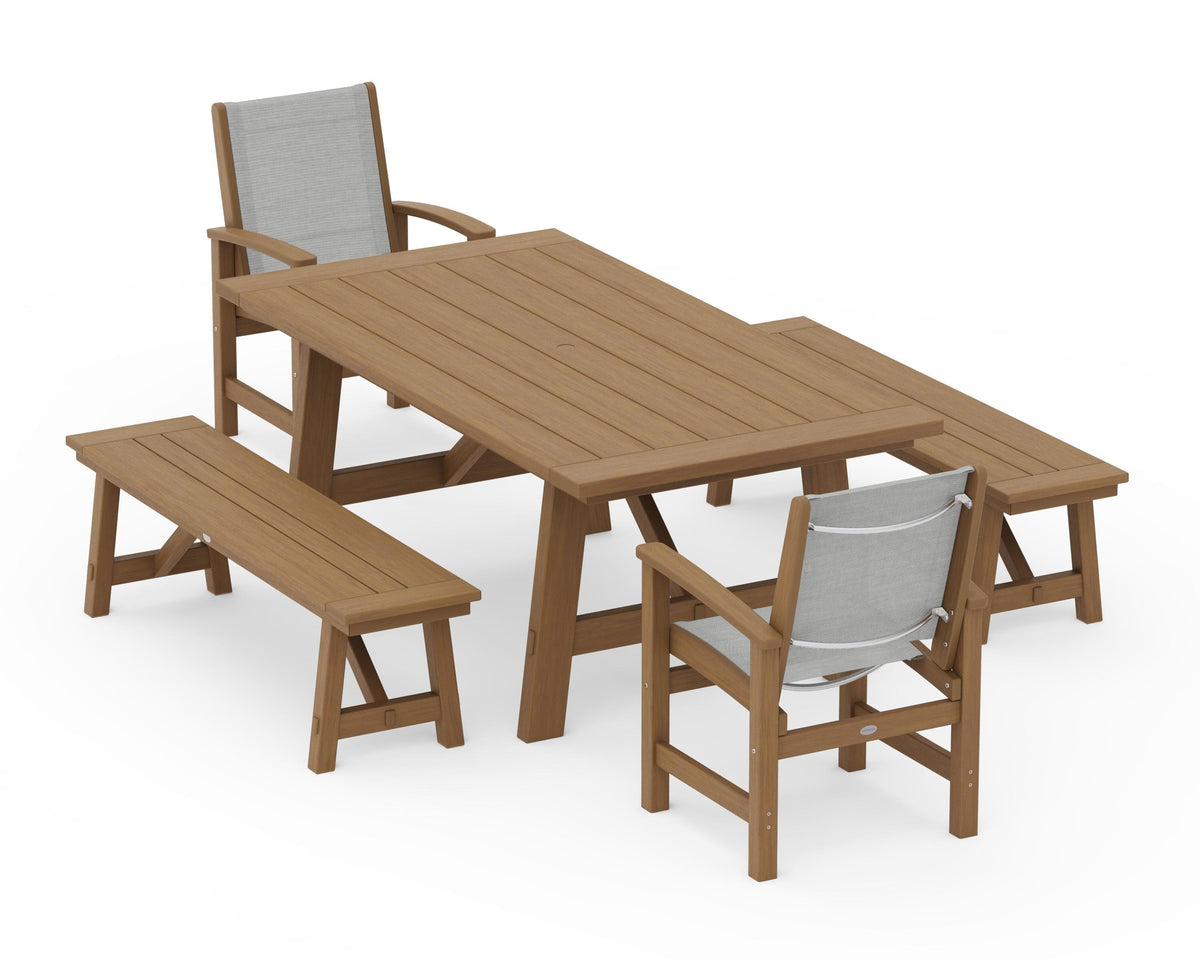 POLYWOOD Coastal 5-Piece Rustic Farmhouse Dining Set With Benches in Natural / Metallic