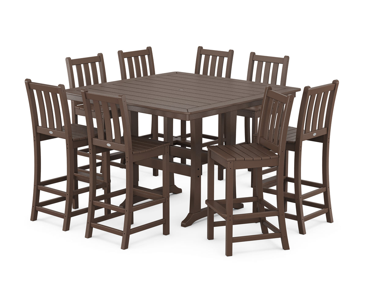 POLYWOOD Traditional Garden 9-Piece Nautical Trestle Bar Set in Mahogany