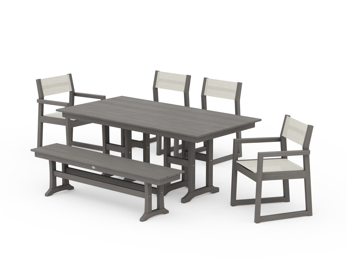 POLYWOOD EDGE Sling 6-Piece Farmhouse Dining Set in Driftwood / Parchment
