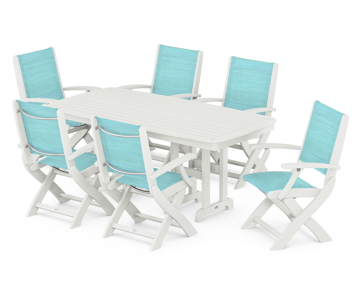 POLYWOOD Coastal Folding Arm Chair 7-Piece Dining Set in Vintage White / Dupioni Aquamarine