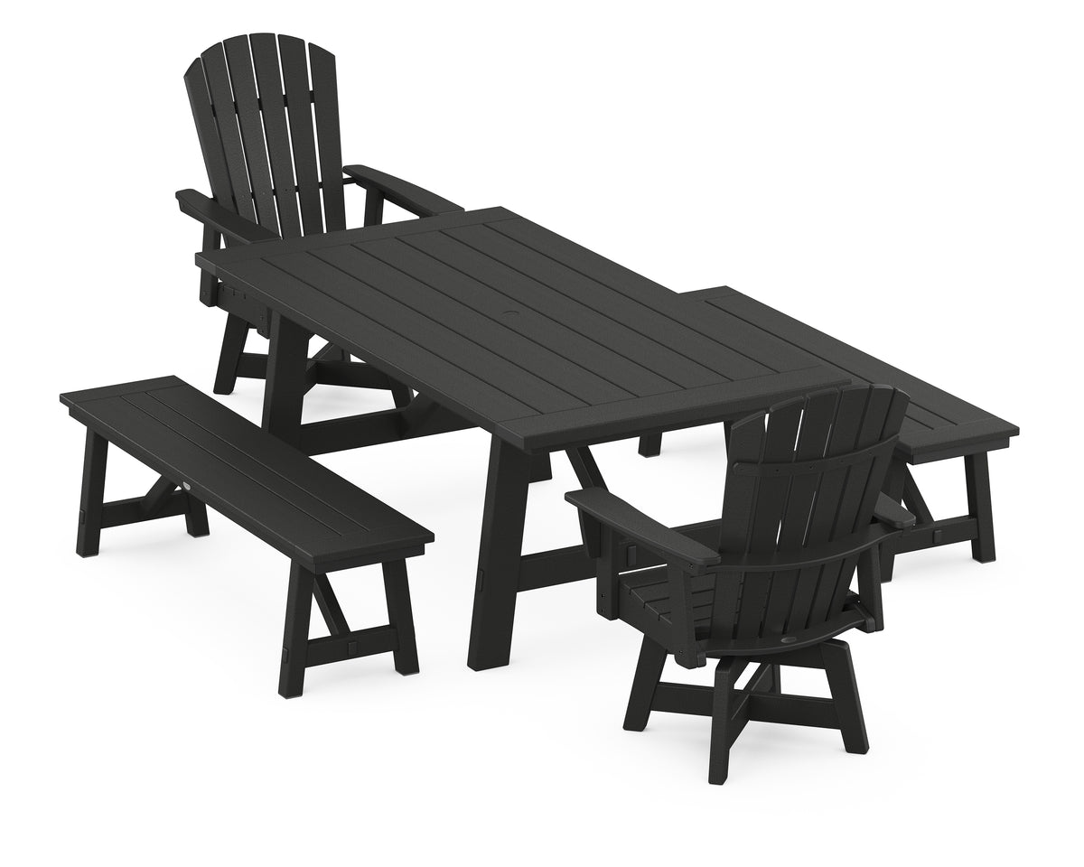 POLYWOOD Nautical Curveback Adirondack Swivel Chair 5-Piece Rustic Farmhouse Dining Set with Benches in Black