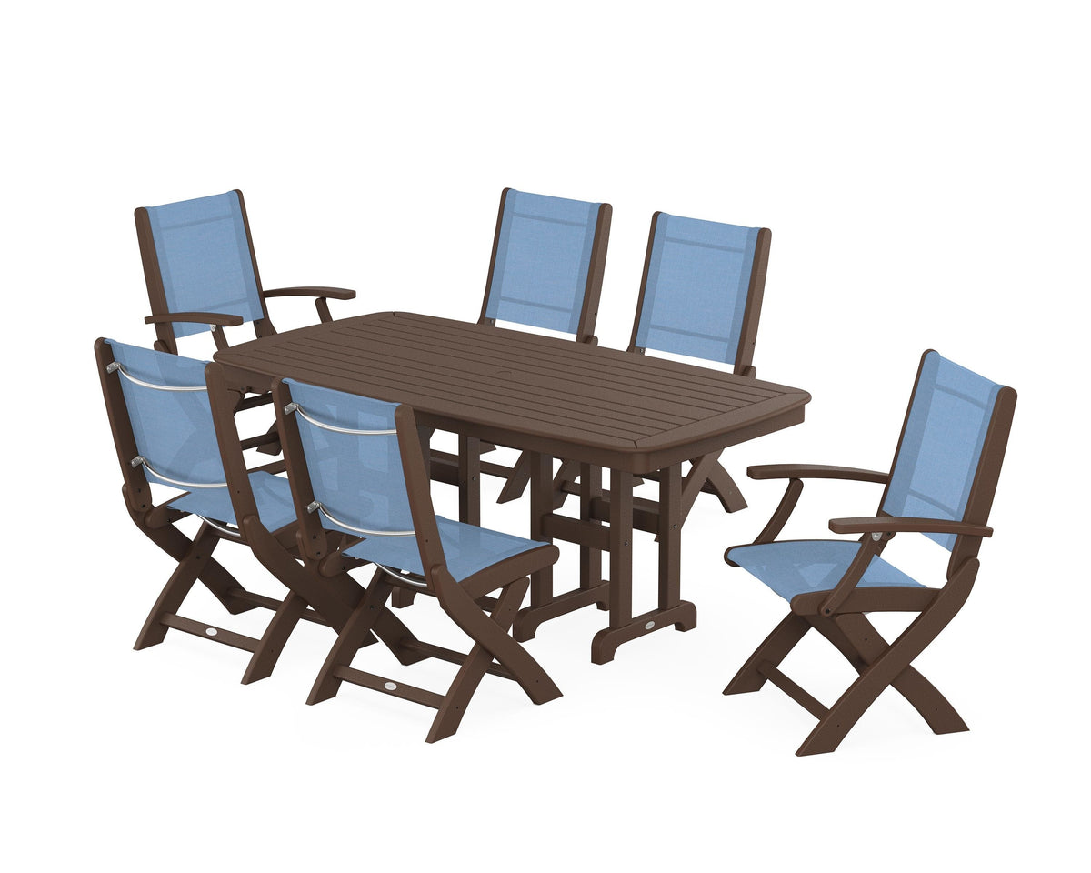 POLYWOOD Coastal Folding Chair 7-Piece Dining Set in Mahogany / Poolside