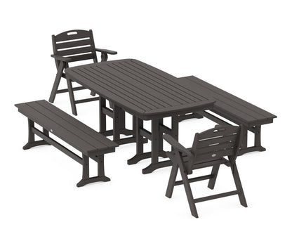POLYWOOD Nautical Lowback 5-Piece Dining Set with Benches in Vintage Coffee