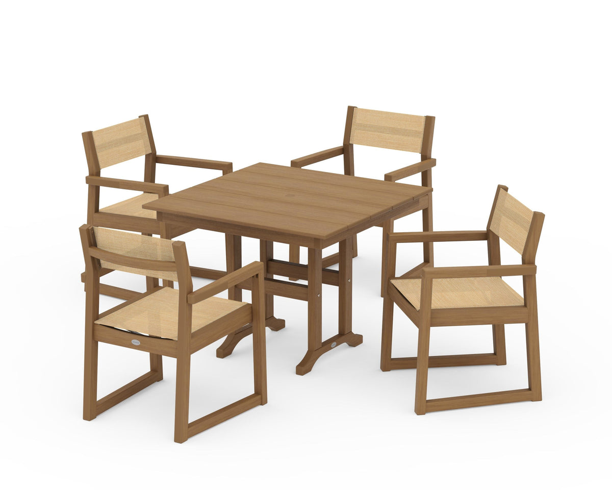 POLYWOOD EDGE Sling Arm Chair 5-Piece Farmhouse Dining Set in Natural / Dupioni Apricot