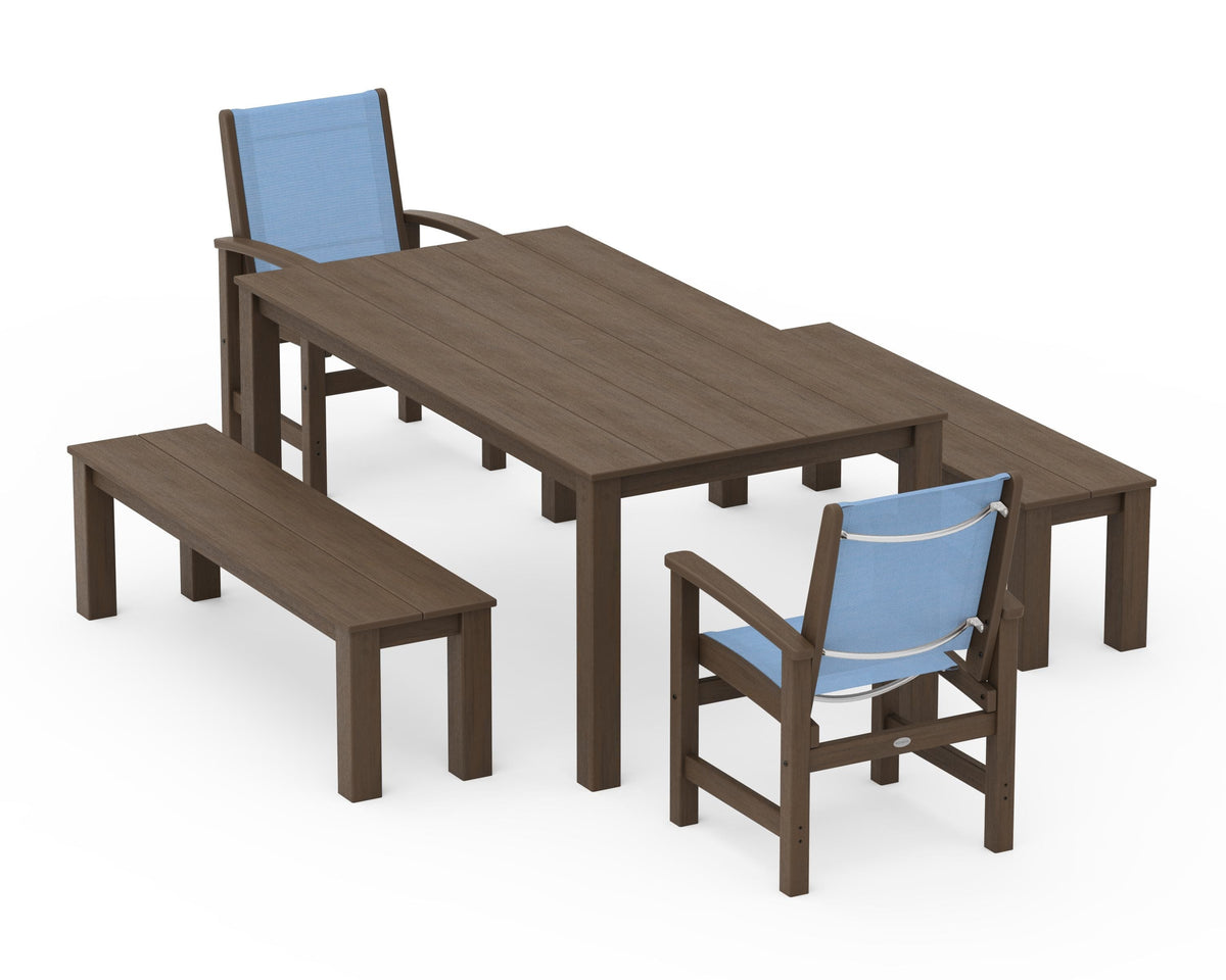 POLYWOOD Coastal 5-Piece Parsons Dining Set with Benches in Kona / Poolside