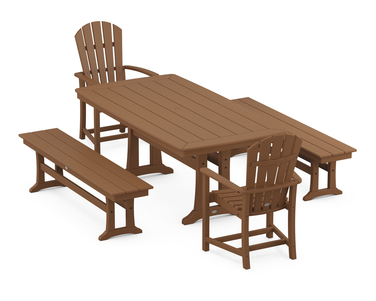 POLYWOOD Palm Coast 5-Piece Dining Set with Trestle Legs - 38" x 73" Table in Teak