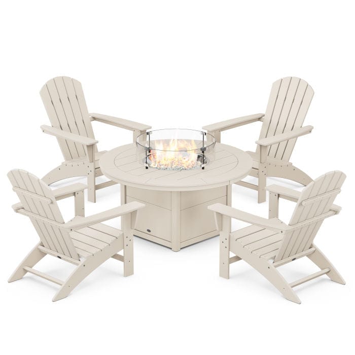 Polywood Fire Pit Set Sand Polywood Nautical 5-Piece Adirondack Chair Conversation Set with Fire Pit Table