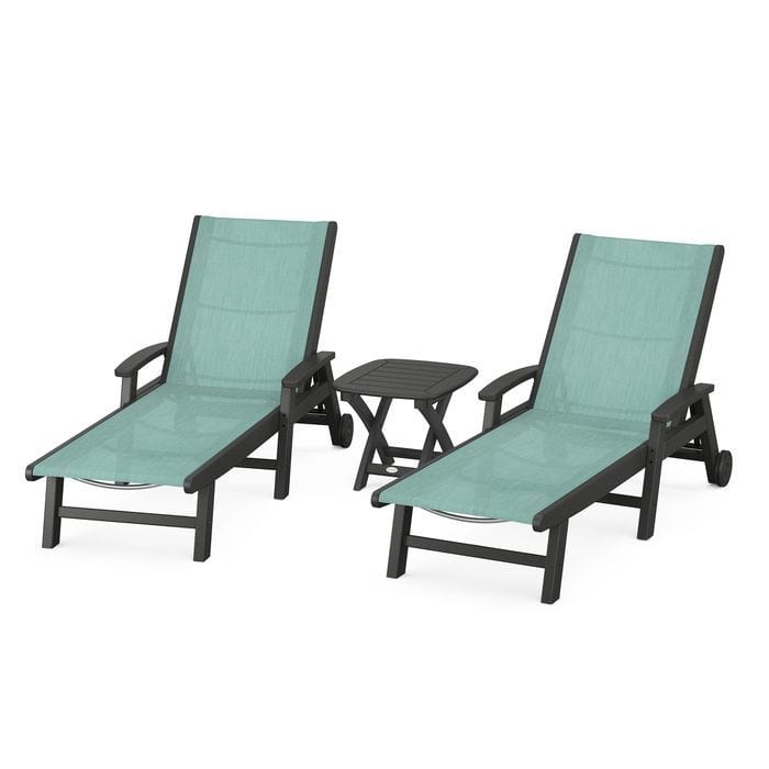Polywood Polywood Black / Aquamarine Polywood Coastal 3-Piece Wheeled Chaise Set with Nautical Side Table