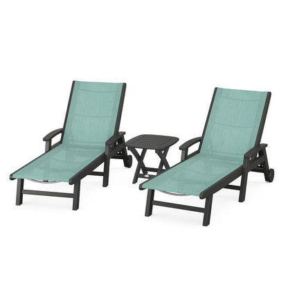 Polywood Polywood Black / Aquamarine Polywood Coastal 3-Piece Wheeled Chaise Set with Nautical Side Table