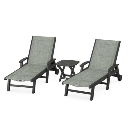 Polywood Polywood Black / Birch Polywood Coastal 3-Piece Wheeled Chaise Set with Nautical Side Table