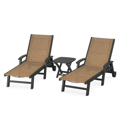 Polywood Polywood Black / Burlap Polywood Coastal 3-Piece Wheeled Chaise Set with Nautical Side Table
