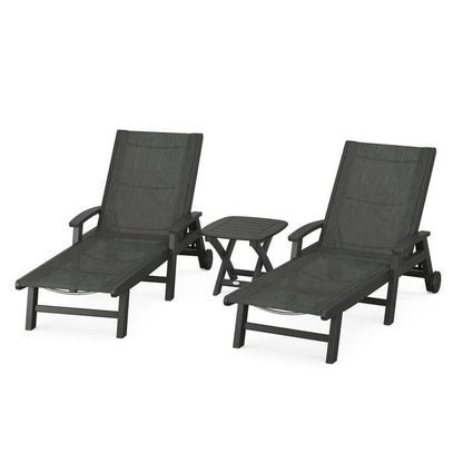 Polywood Polywood Black / Ember Polywood Coastal 3-Piece Wheeled Chaise Set with Nautical Side Table