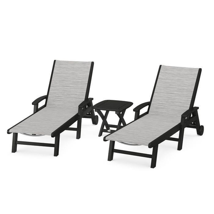 Polywood Polywood Black / Metallic Polywood Coastal 3-Piece Wheeled Chaise Set with Nautical Side Table