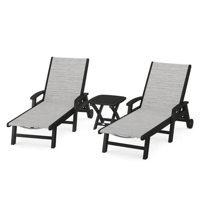 Polywood Polywood Black / Metallic Polywood Coastal 3-Piece Wheeled Chaise Set with Nautical Side Table