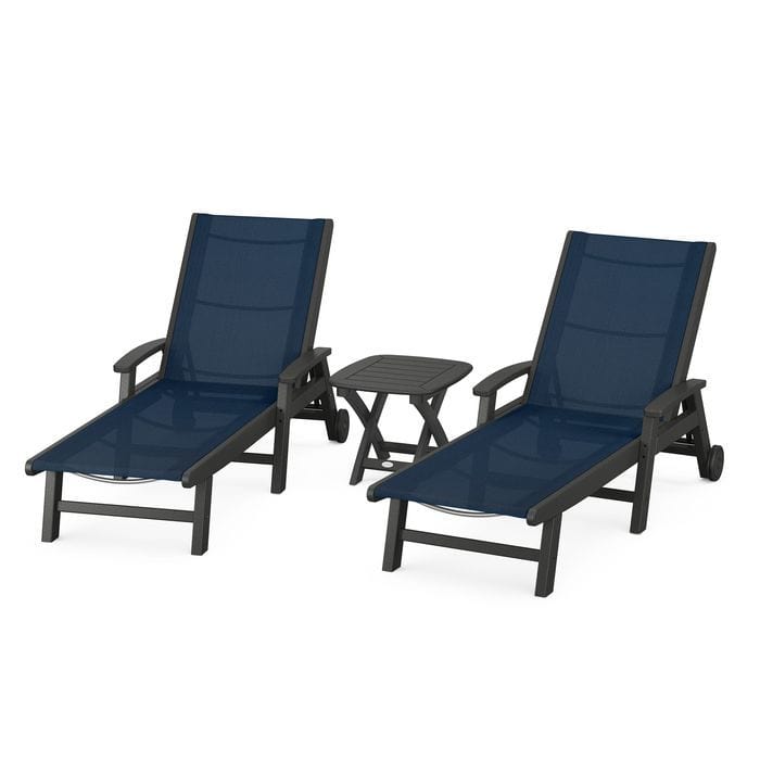 Polywood Polywood Black / Navy Blue Polywood Coastal 3-Piece Wheeled Chaise Set with Nautical Side Table