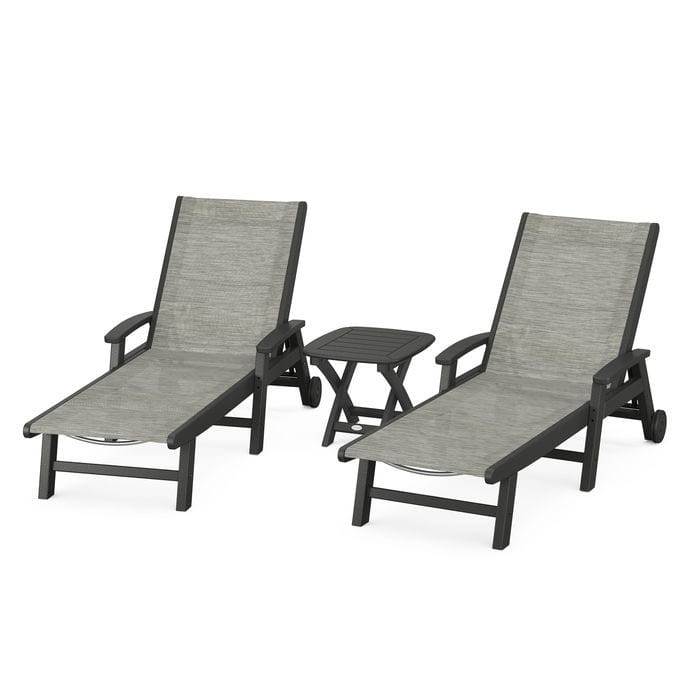 Polywood Polywood Black / Onyx Polywood Coastal 3-Piece Wheeled Chaise Set with Nautical Side Table