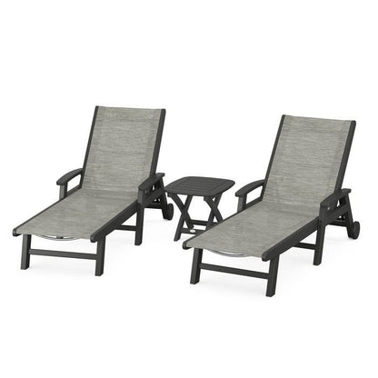 Polywood Polywood Black / Onyx Polywood Coastal 3-Piece Wheeled Chaise Set with Nautical Side Table