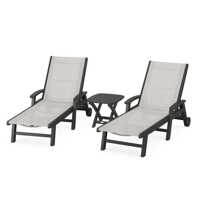 Polywood Polywood Black / Parchment Polywood Coastal 3-Piece Wheeled Chaise Set with Nautical Side Table