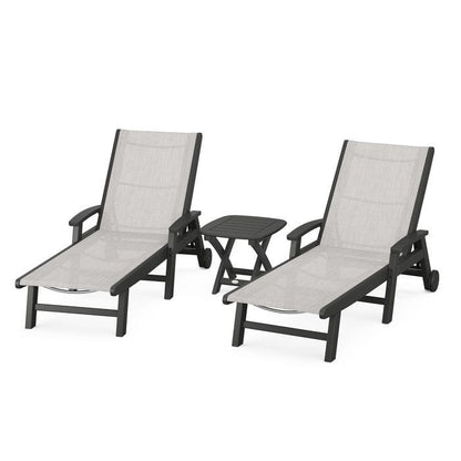 Polywood Polywood Black / Parchment Polywood Coastal 3-Piece Wheeled Chaise Set with Nautical Side Table