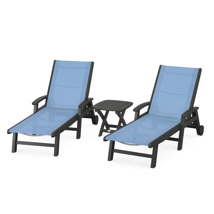 Polywood Polywood Black / Poolside Polywood Coastal 3-Piece Wheeled Chaise Set with Nautical Side Table