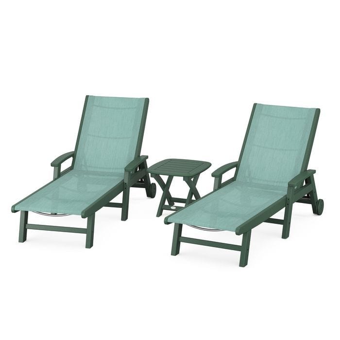 Polywood Polywood Green / Aquamarine Polywood Coastal 3-Piece Wheeled Chaise Set with Nautical Side Table