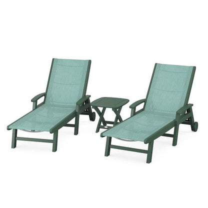 Polywood Polywood Green / Aquamarine Polywood Coastal 3-Piece Wheeled Chaise Set with Nautical Side Table