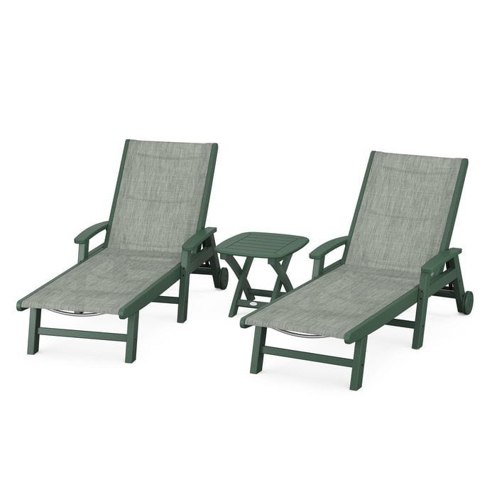 Polywood Polywood Green / Birch Polywood Coastal 3-Piece Wheeled Chaise Set with Nautical Side Table